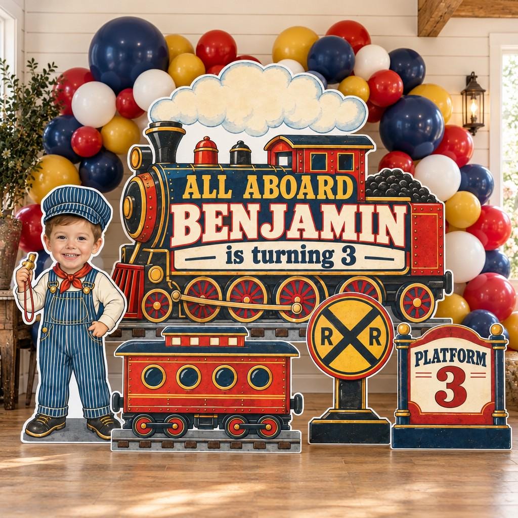 Vintage Red Steam Train Station Set