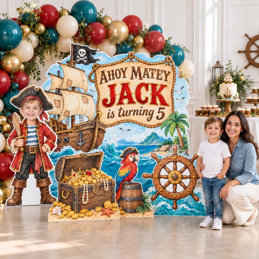 Watercolor Pirate Ship Birthday Backdrop Set