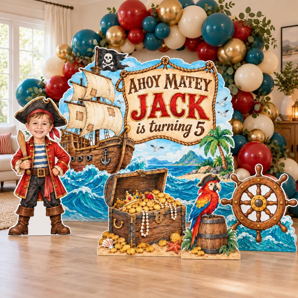 Watercolor Pirate Ship Birthday Backdrop Set