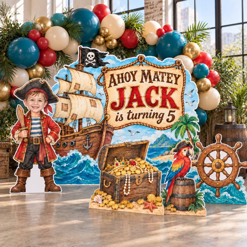 Watercolor Pirate Ship Birthday Backdrop Set