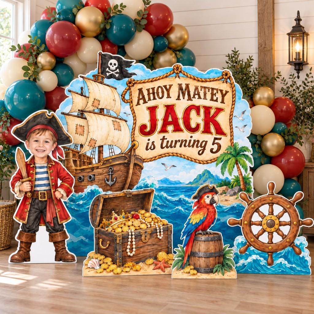 Watercolor Pirate Ship Birthday Backdrop Set