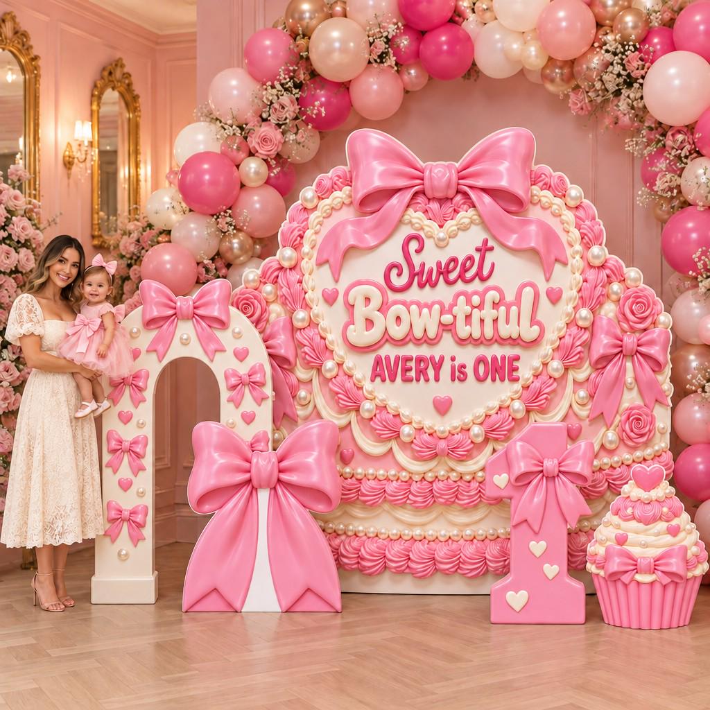 Pink Coquette Bow Heart Cake Backdrop Set