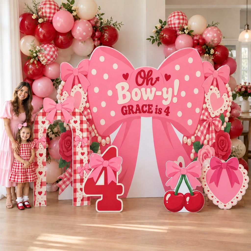 Pink Coquette Bow Cherry Birthday Set