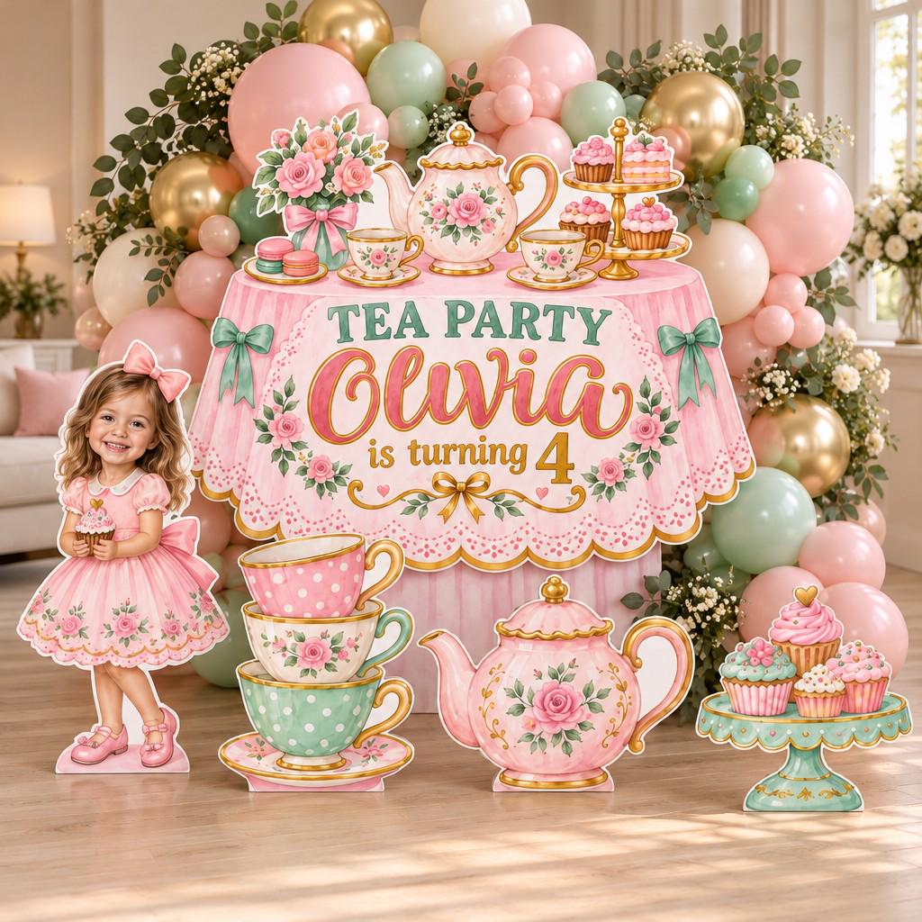 Pink Floral Teapot Tea Party Backdrop Set