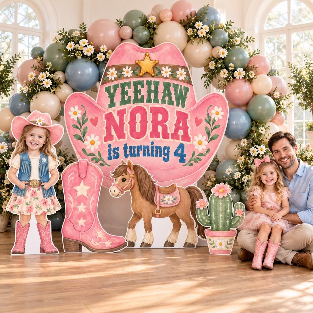 Pink Cowgirl Hat Birthday Backdrop Set