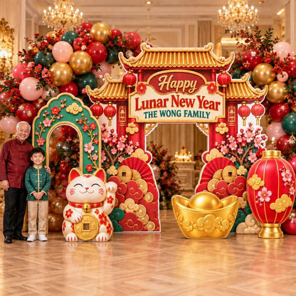 Red Pagoda Gate Lucky Cat Lunar New Year Set