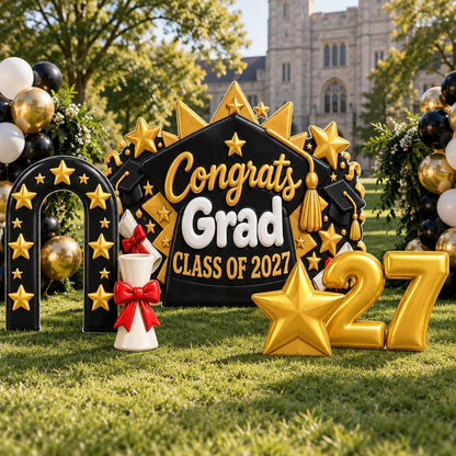 Black Gold Star Grad Cap Backdrop Set