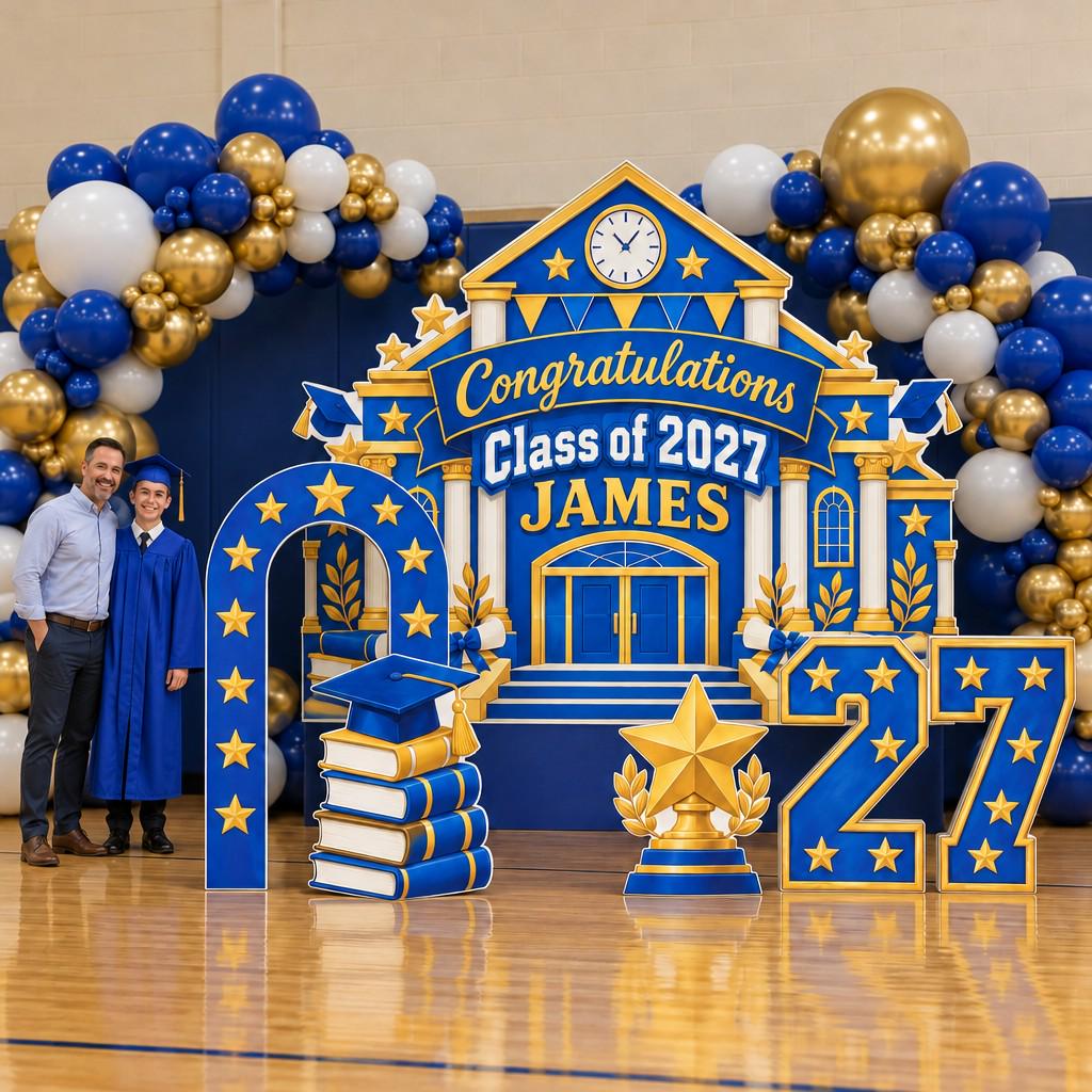 Blue Gold Schoolhouse Graduation Backdrop Set
