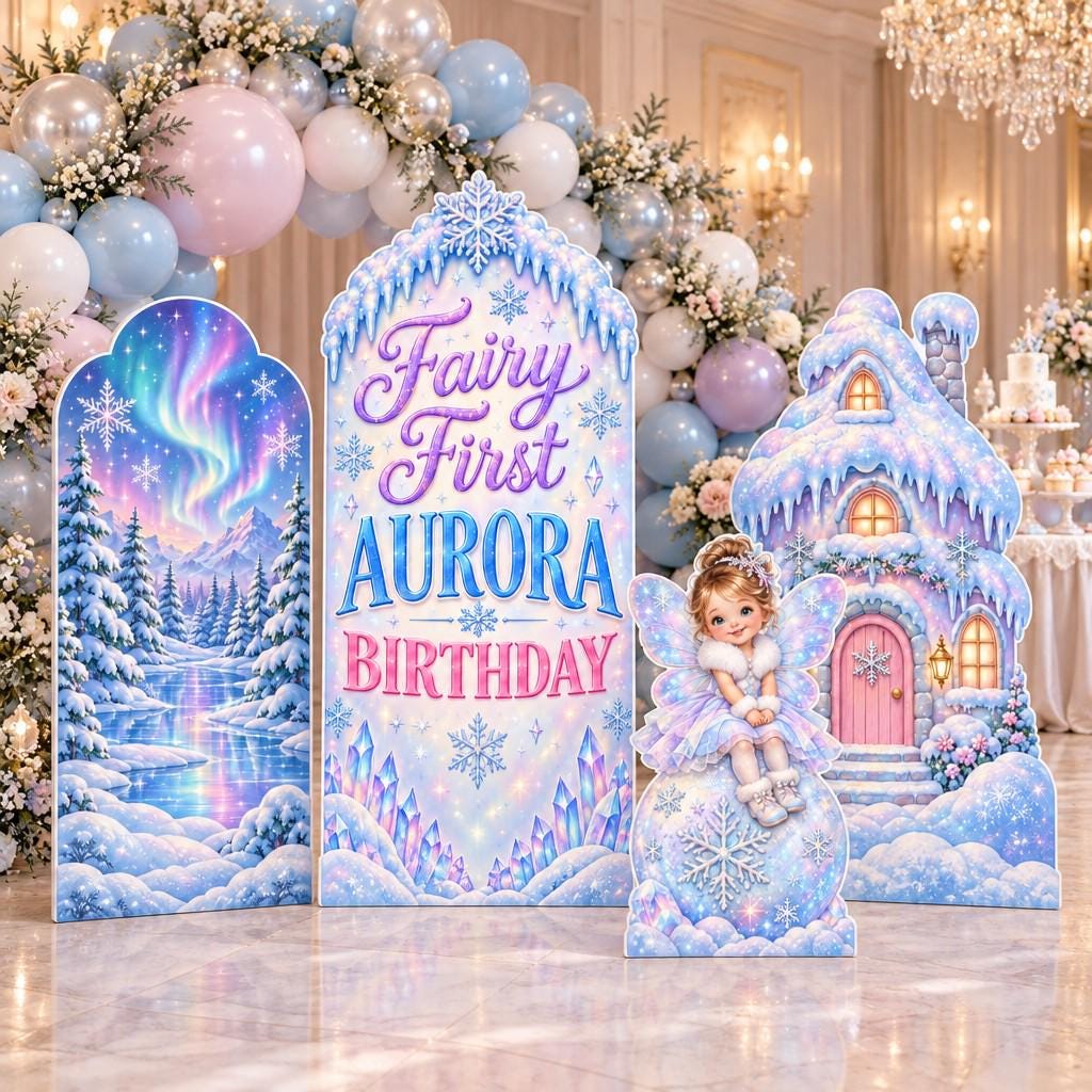 Icy Aurora Winter Fairy First Backdrop Set