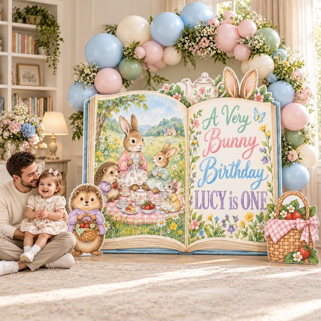Bunny Picnic Open Book Birthday Backdrop