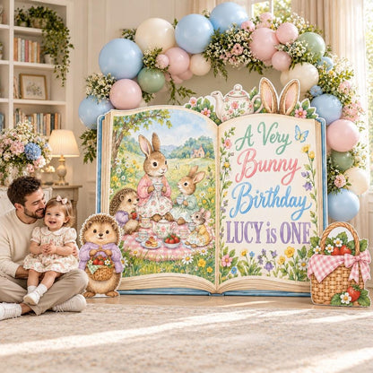 Bunny Picnic Open Book Birthday Backdrop