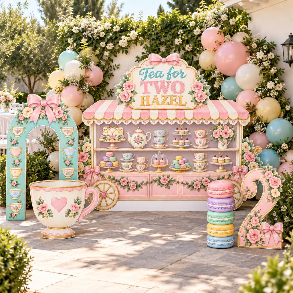 Pastel Tea Cart Tea for Two Backdrop Set