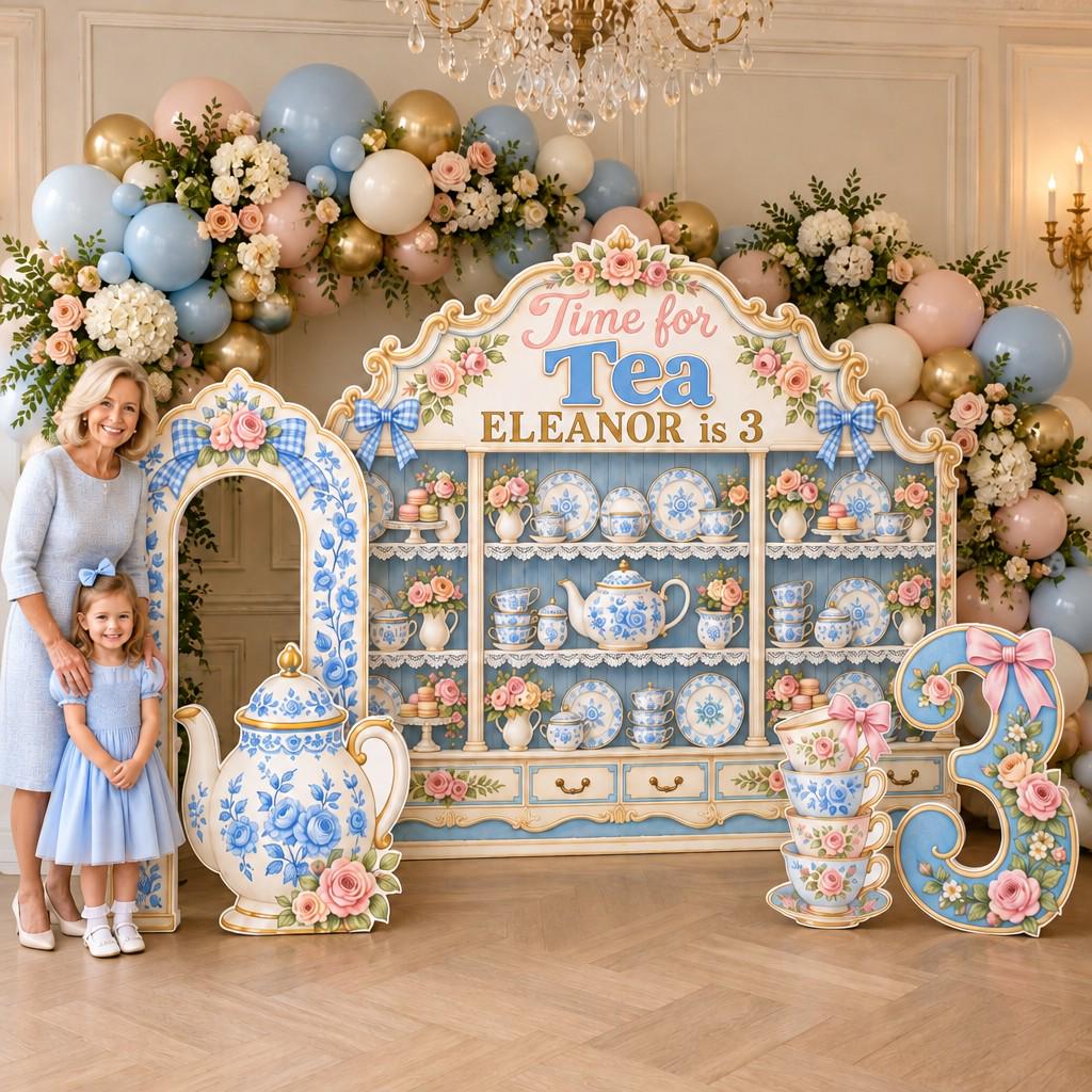 Blue China Cabinet Tea Party Backdrop Set