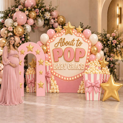 Pink Checkered Popcorn Cart Baby Shower Set