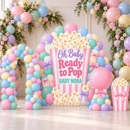 Pink Checkered Popcorn Cart Baby Shower Set
