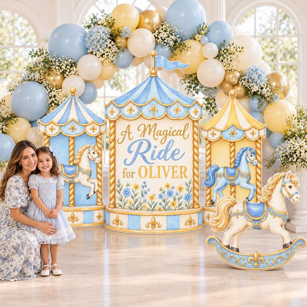 Blue Gold Fleur Carousel Rocking Horse Set