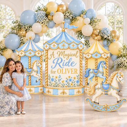 Blue Gold Fleur Carousel Rocking Horse Set