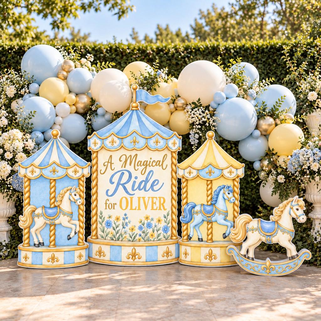 Blue Gold Fleur Carousel Rocking Horse Set