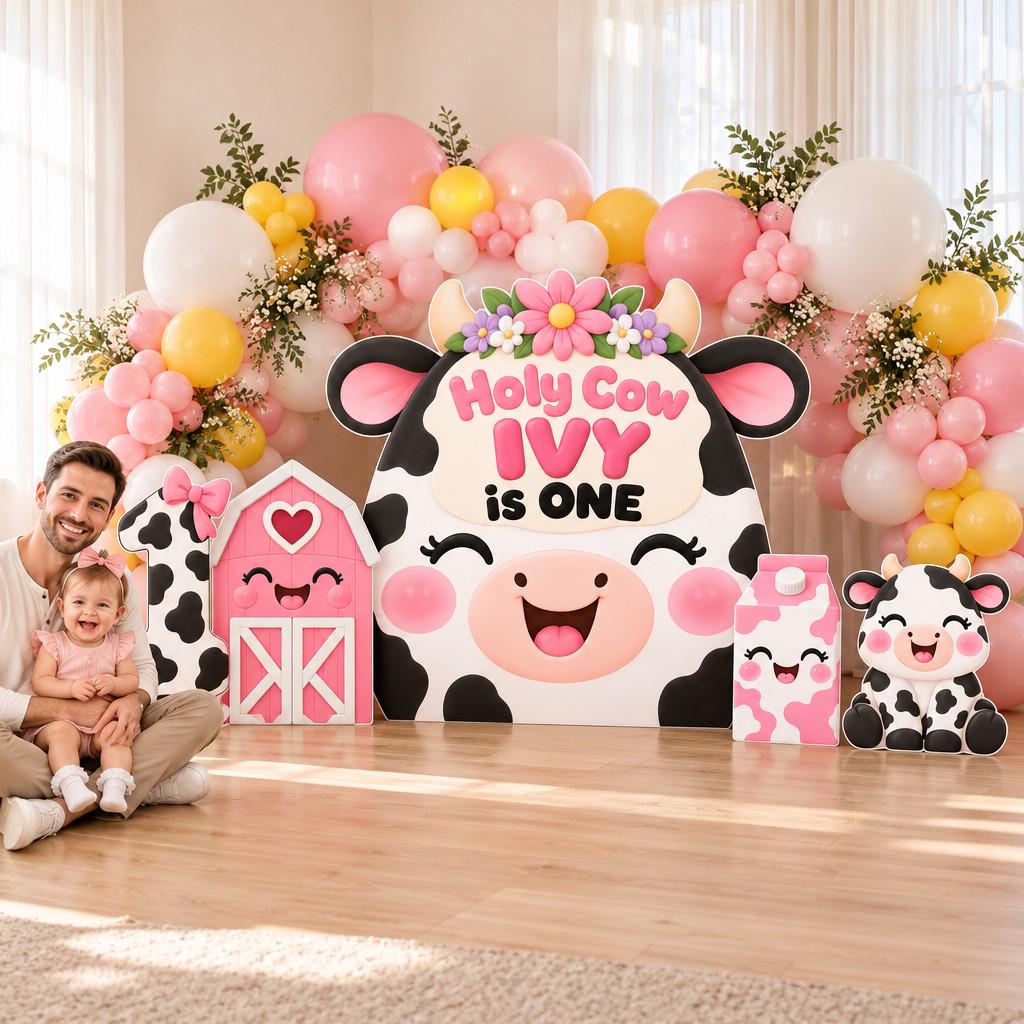 Kawaii Cow Face Pink Barn Birthday Set