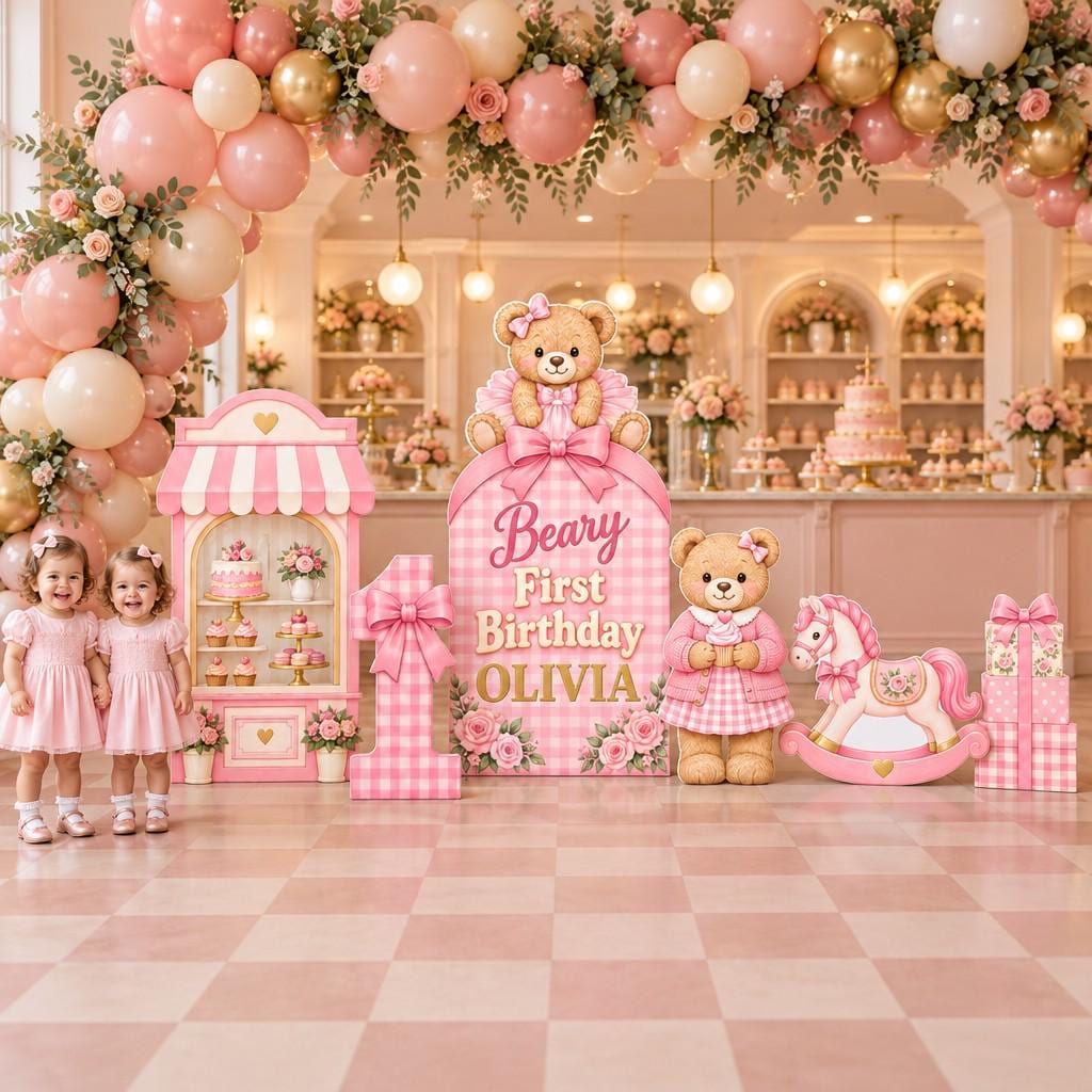 Pink Gingham Beary First Birthday Set