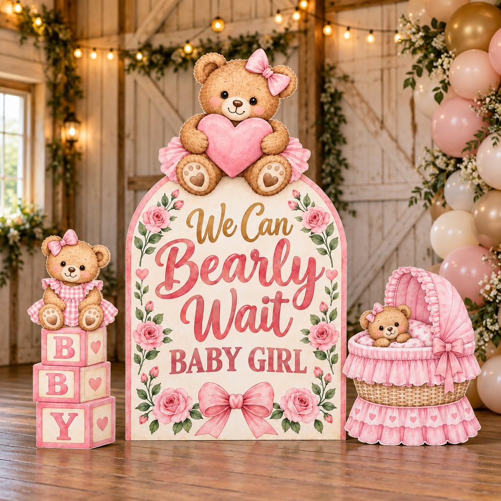 Pink Floral Bearly Wait Baby Shower Set