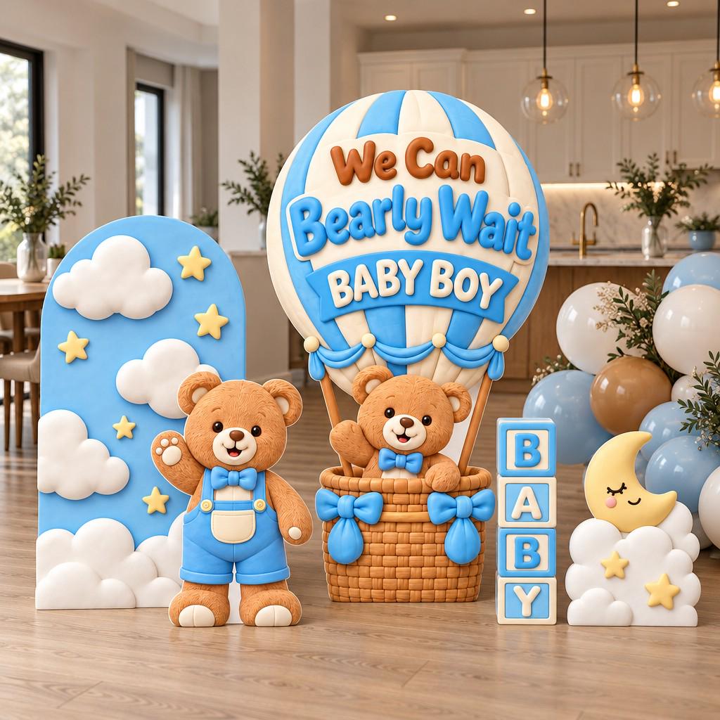 Blue Teddy Bear Hot Air Balloon Shower Set