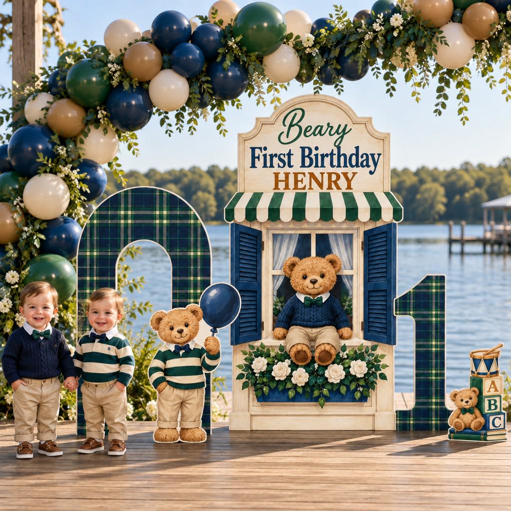 French Window Tartan Teddy First Birthday Set