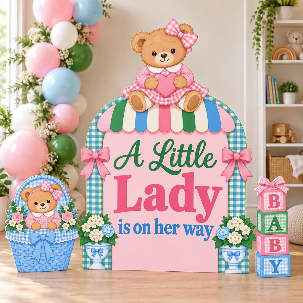 Blue Gingham Little Lady Bear Basket Set