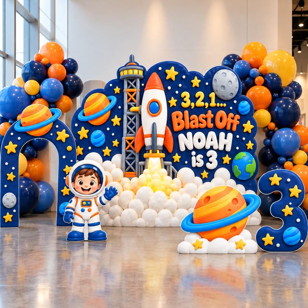 Blast Off Rocket Launch Birthday Backdrop