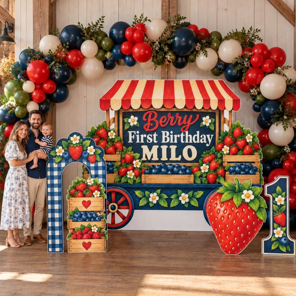Navy Gingham Berry Market Cart Backdrop