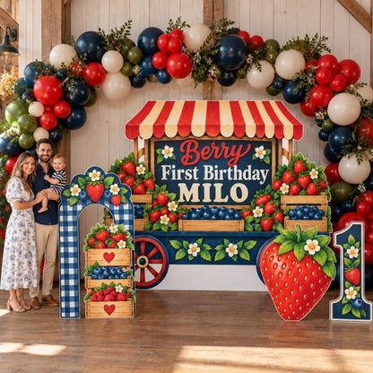 Navy Gingham Berry Market Cart Backdrop
