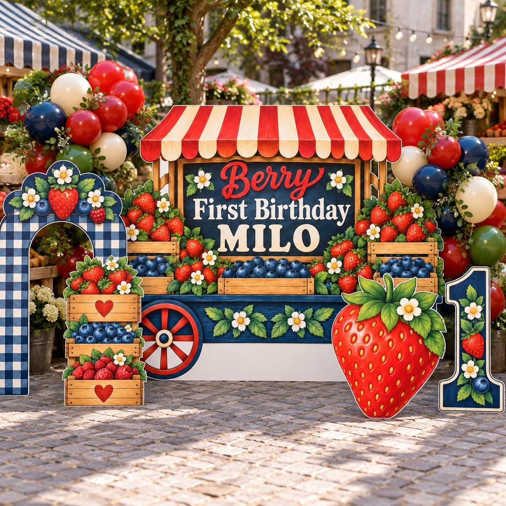 Navy Gingham Berry Market Cart Backdrop