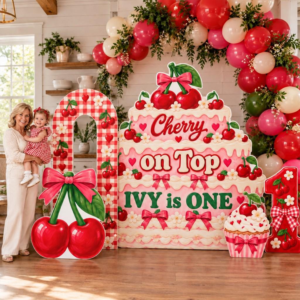 Gingham Cherry Cake Birthday Backdrop Set