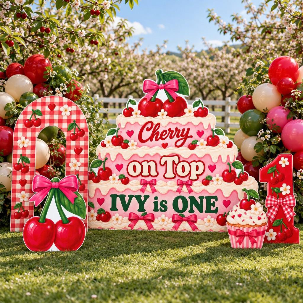 Gingham Cherry Cake Birthday Backdrop Set