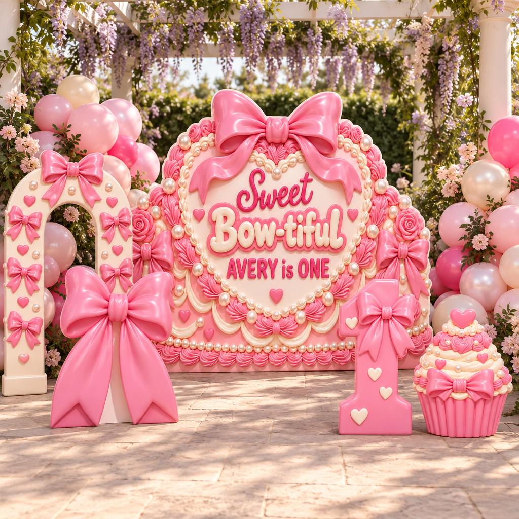 Pink Coquette Bow Heart Cake Backdrop Set