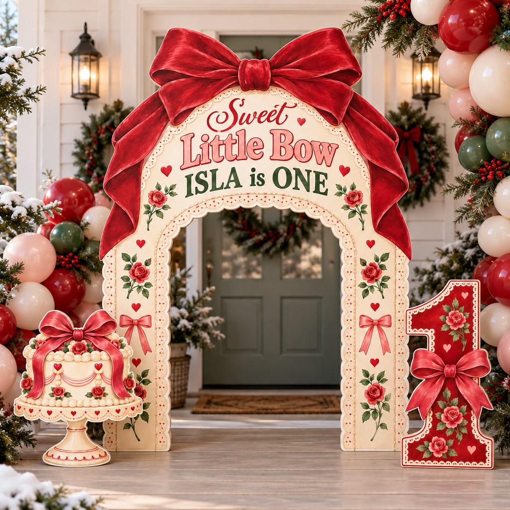 Red Velvet Bow Vintage Rose Arch Set