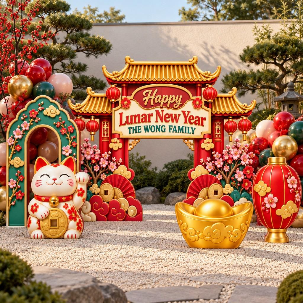 Red Pagoda Gate Lucky Cat Lunar New Year Set