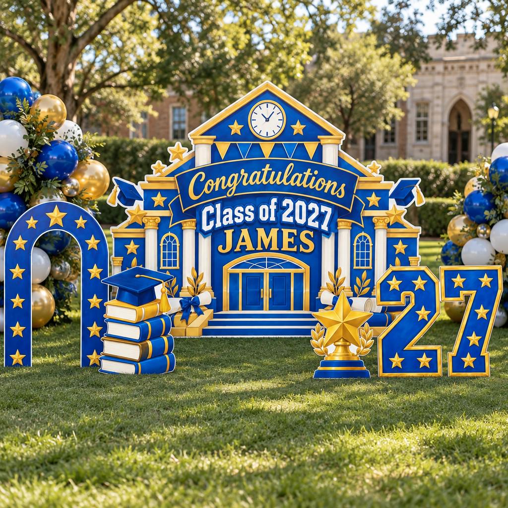 Blue Gold Schoolhouse Graduation Backdrop Set