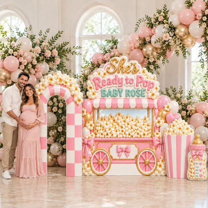 Pink Checkered Popcorn Cart Baby Shower Set