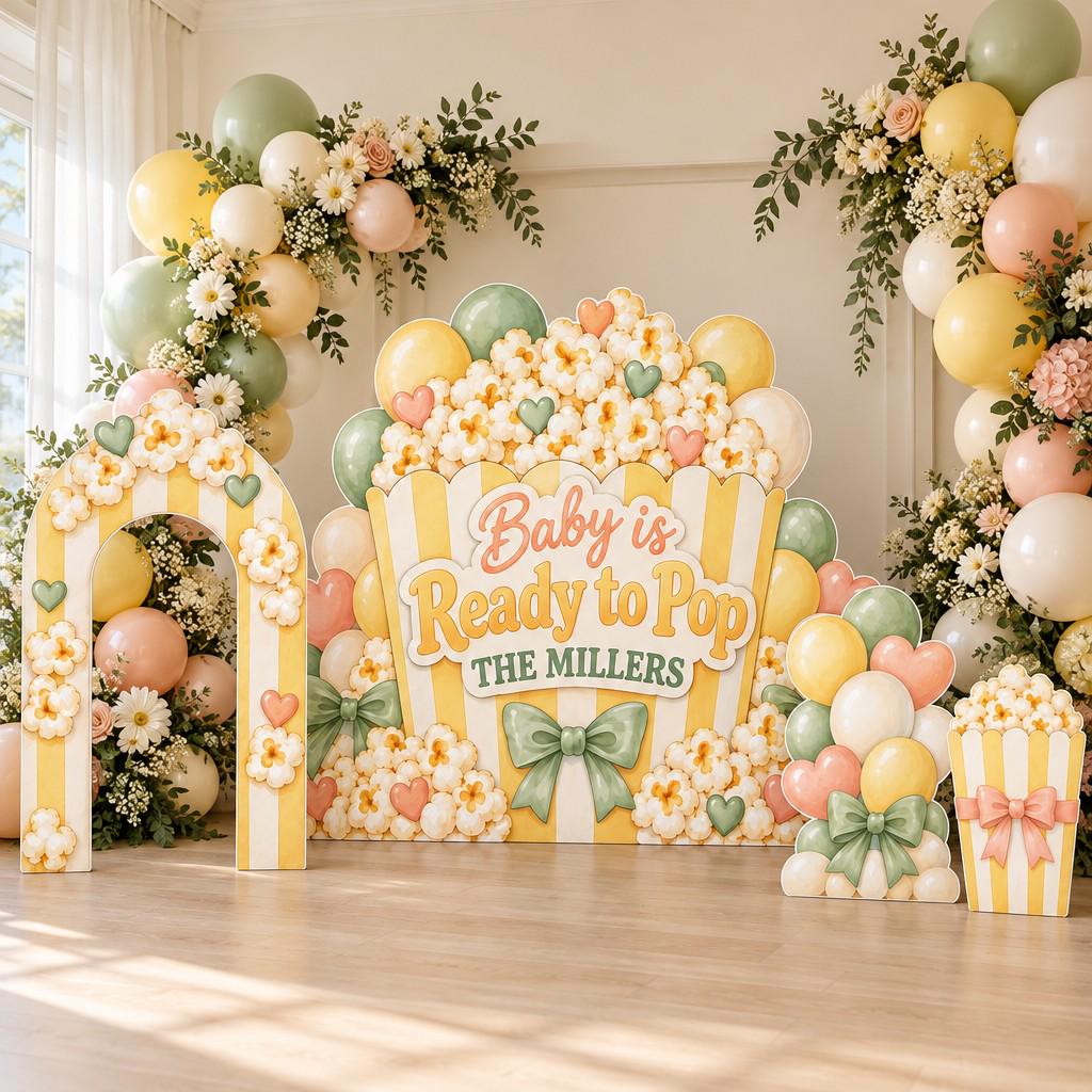 Pink Checkered Popcorn Cart Baby Shower Set