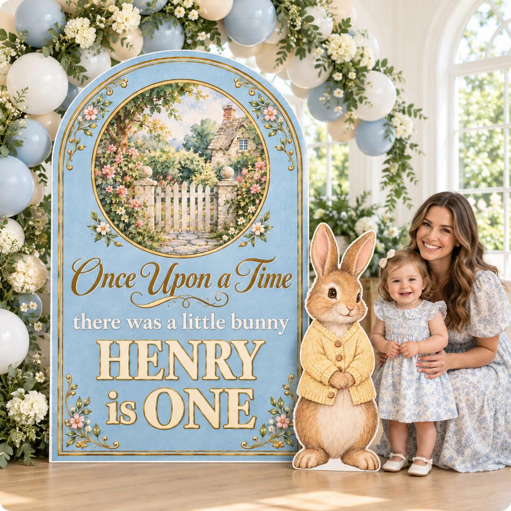 Blue Storybook Cottage Gate Bunny Arch