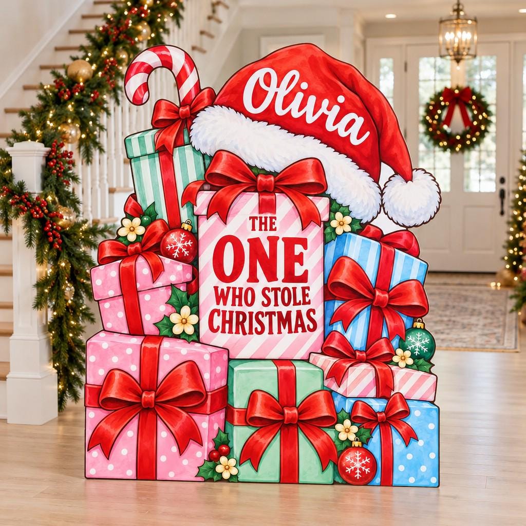 Pink Gift Pile Santa Hat Christmas Sign