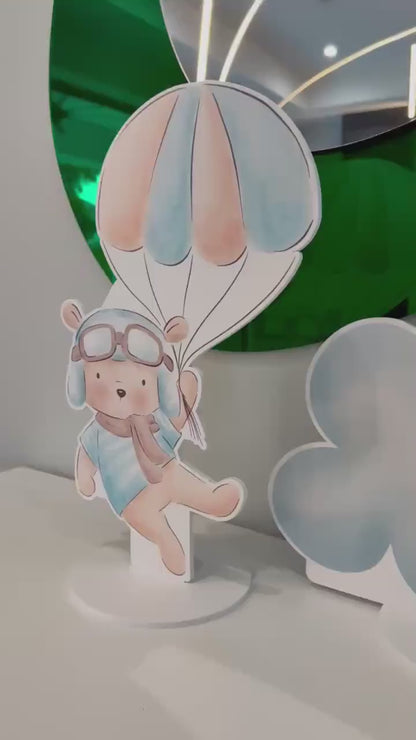 Blue Aviator Bear Double-Sided Table Centerpieces Set 6, Adventure Baby Shower, Clouds Nursery Decor, Table Decor, Birthday Decorations