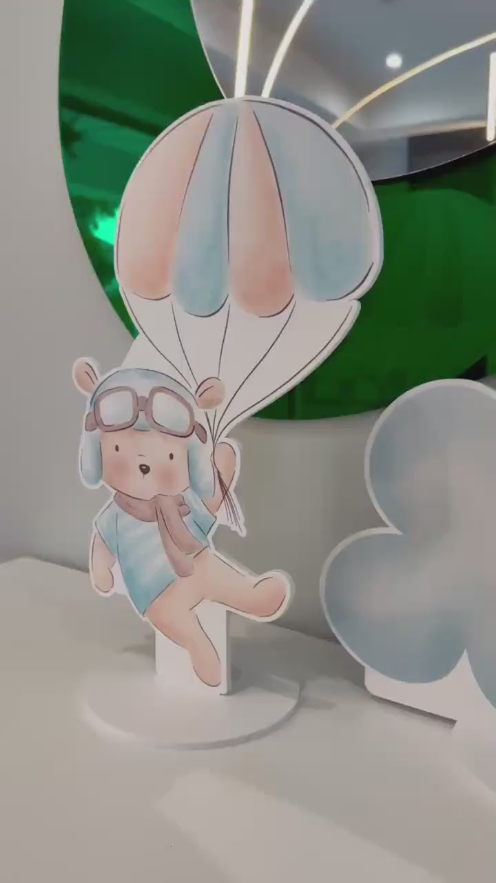 Blue Aviator Bear Double-Sided Table Centerpieces Set 6, Adventure Baby Shower, Clouds Nursery Decor, Table Decor, Birthday Decorations