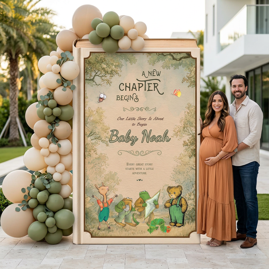 A New Chapter Begins Storybook Backdrop (Woodland Sage), Baby Shower, Giant Book Cutout, Personalized Baby Shower Sign, Book Themed Party Decor
