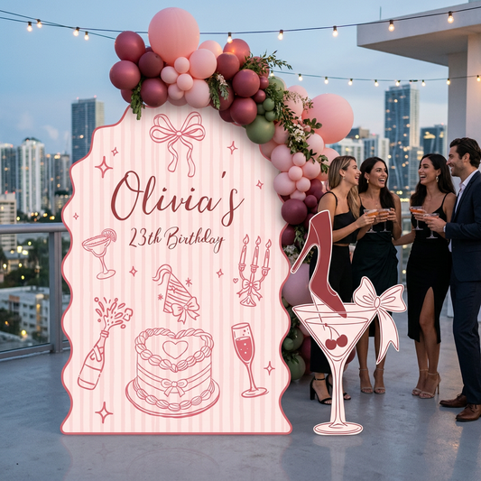 Coquette Birthday Party Backdrop Set with Martini Cutout - display 1
